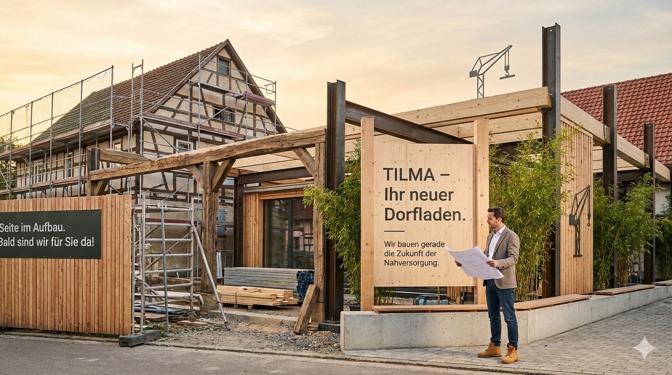 Moderner Holzbau eines TILMA Dorfladens in einer regionalen Dorfumgebung, davor ein Planer mit Bauplan.