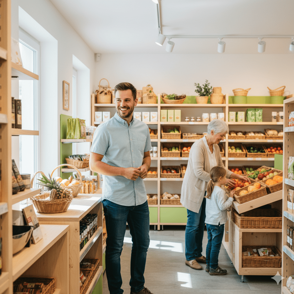Ein freundlicher Mann im hellblauen Hemd in einem modernen TILMA Dorfladen, im Hintergrund eine Seniorin und ein Kind beim Einkauf von regionalen Lebensmitteln – Begegnung beim Einkauf zeigt echtes Dorfleben statt Anonymität.